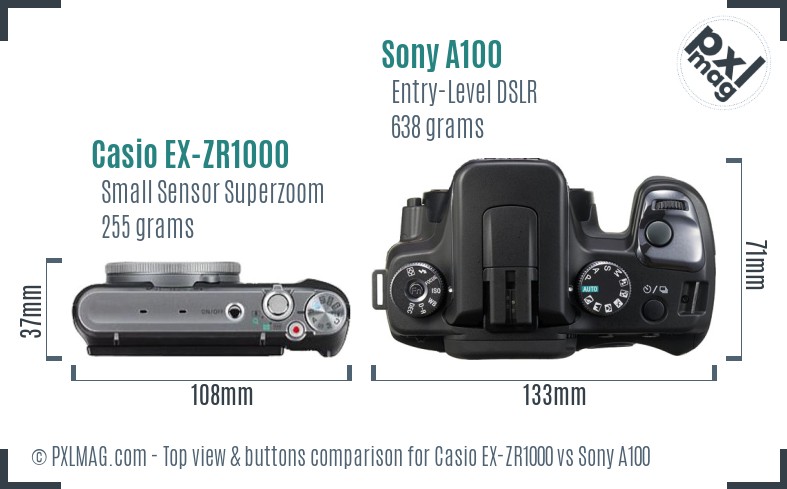 Casio EX-ZR1000 vs Sony A100 top view buttons comparison