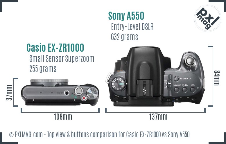 Casio EX-ZR1000 vs Sony A550 top view buttons comparison