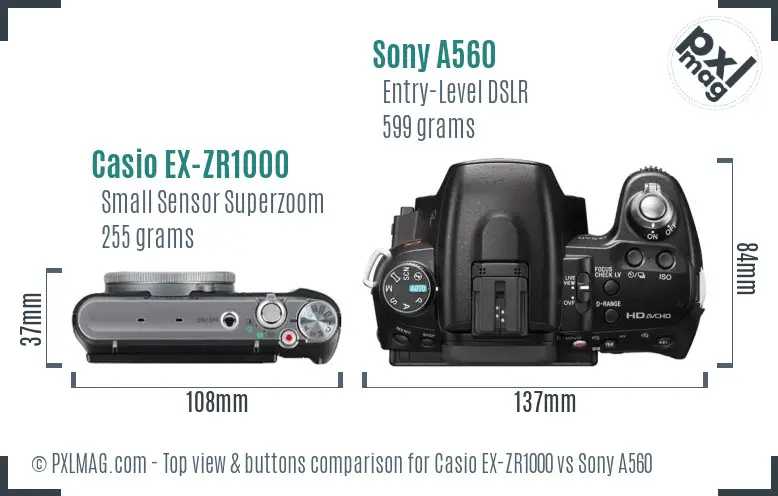 Casio EX-ZR1000 vs Sony A560 top view buttons comparison Casio EX-ZR1000 vs Sony A560 top view buttons comparison