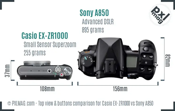 Casio EX-ZR1000 vs Sony A850 top view buttons comparison Casio EX-ZR1000 vs Sony A850 top view buttons comparison