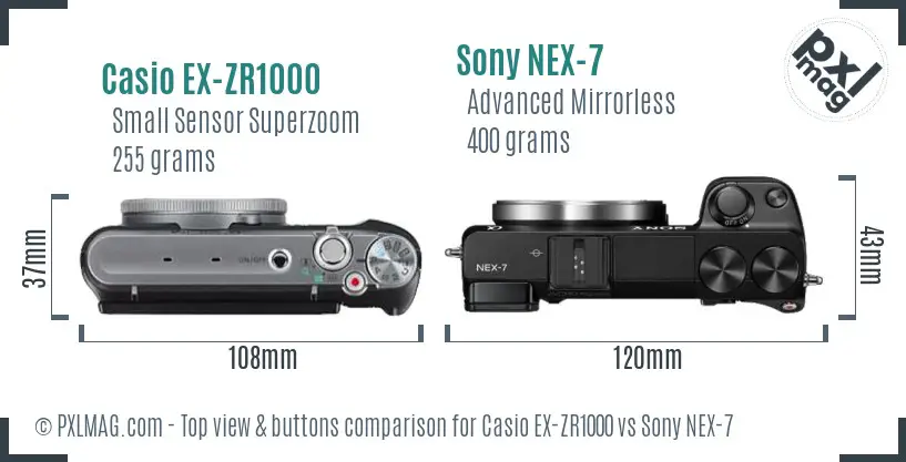 Casio EX-ZR1000 vs Sony NEX-7 top view buttons comparison Casio EX-ZR1000 vs Sony NEX-7 top view buttons comparison