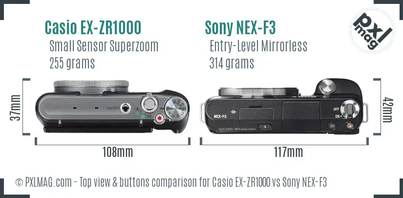 Casio EX-ZR1000 vs Sony NEX-F3 top view buttons comparison Casio EX-ZR1000 vs Sony NEX-F3 top view buttons comparison
