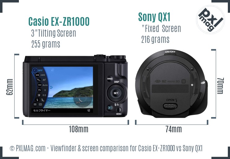 Casio EX-ZR1000 vs Sony QX1 Screen and Viewfinder comparison