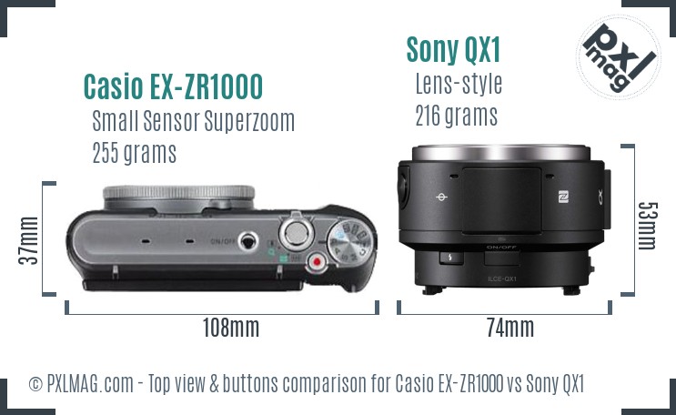 Casio EX-ZR1000 vs Sony QX1 top view buttons comparison