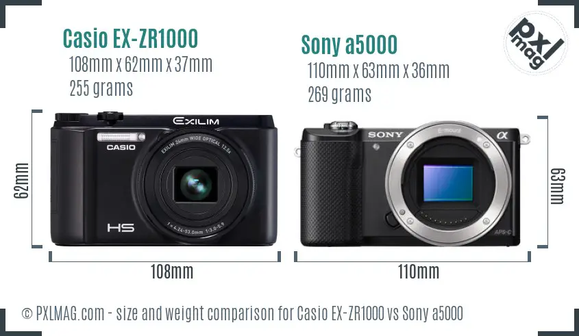 Casio EX-ZR1000 vs Sony a5000 size comparison