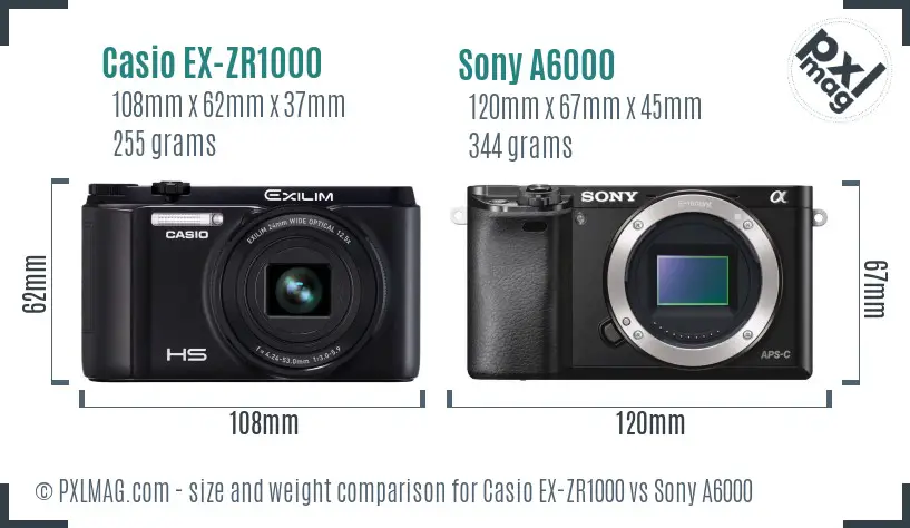 Casio EX-ZR1000 vs Sony A6000 size comparison