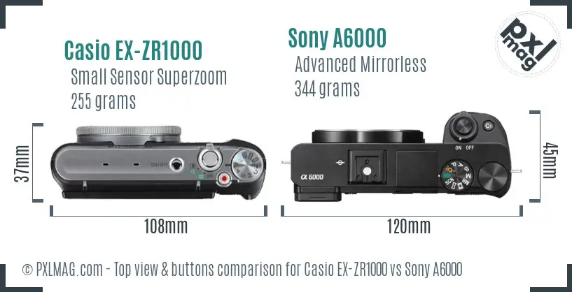 Casio EX-ZR1000 vs Sony A6000 top view buttons comparison