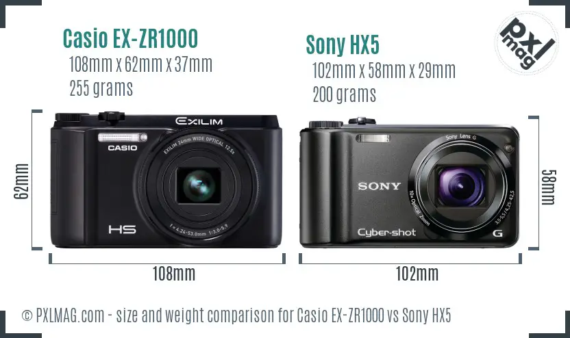 Casio EX-ZR1000 vs Sony HX5 size comparison