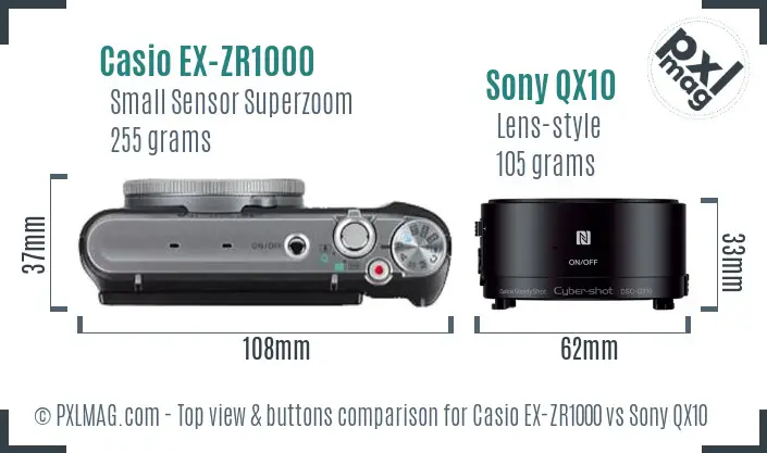 Casio EX-ZR1000 vs Sony QX10 top view buttons comparison Casio EX-ZR1000 vs Sony QX10 top view buttons comparison
