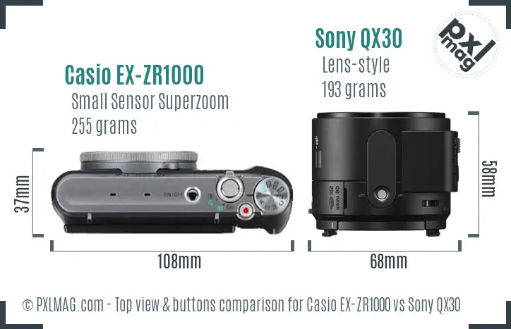 Casio EX-ZR1000 vs Sony QX30 top view buttons comparison Casio EX-ZR1000 vs Sony QX30 top view buttons comparison