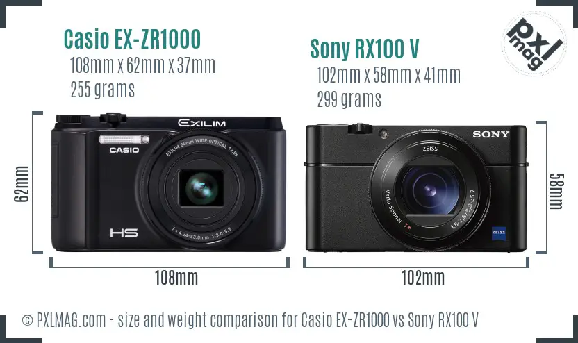 Casio EX-ZR1000 vs Sony RX100 V size comparison