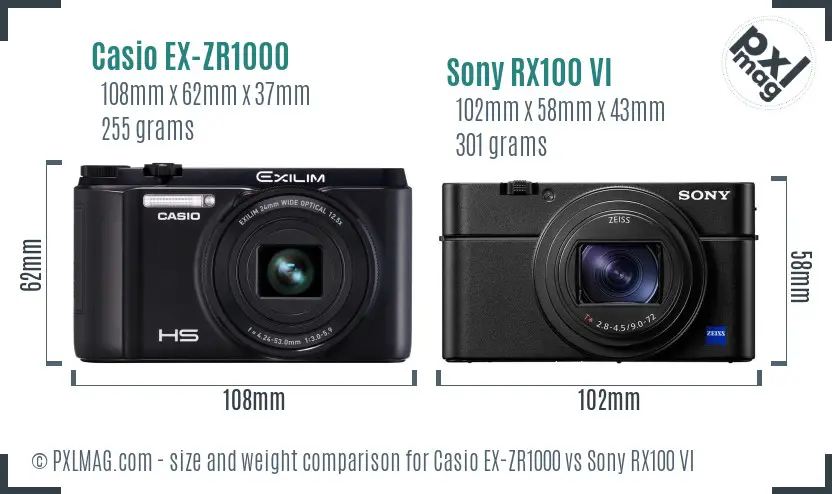 Casio EX-ZR1000 vs Sony RX100 VI size comparison