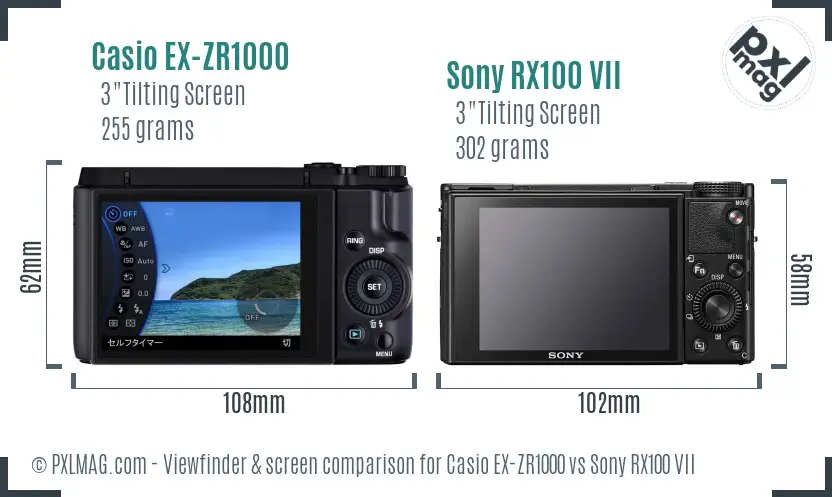 Casio EX-ZR1000 vs Sony RX100 VII Screen and Viewfinder comparison
