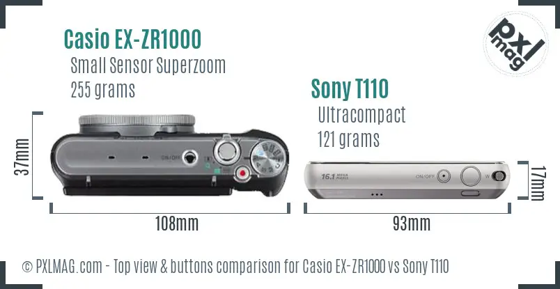 Casio EX-ZR1000 vs Sony T110 top view buttons comparison Casio EX-ZR1000 vs Sony T110 top view buttons comparison