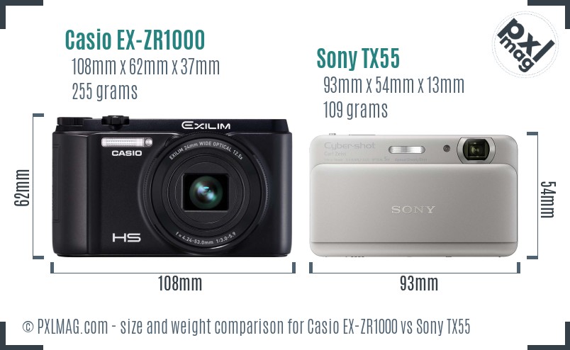 Casio EX-ZR1000 vs Sony TX55 size comparison