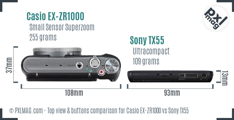 Casio EX-ZR1000 vs Sony TX55 top view buttons comparison