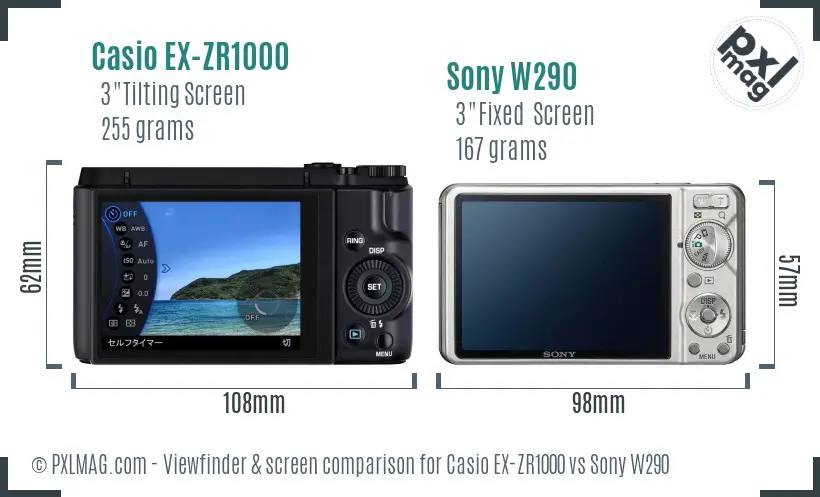 Casio EX-ZR1000 vs Sony W290 Screen and Viewfinder comparison