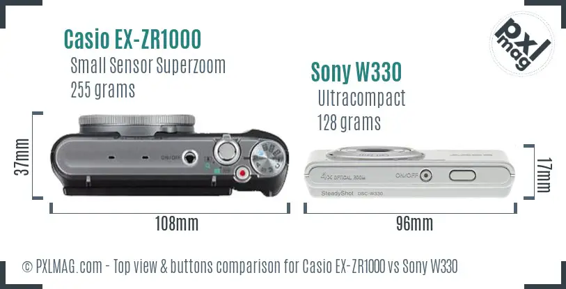 Casio EX-ZR1000 vs Sony W330 top view buttons comparison Casio EX-ZR1000 vs Sony W330 top view buttons comparison