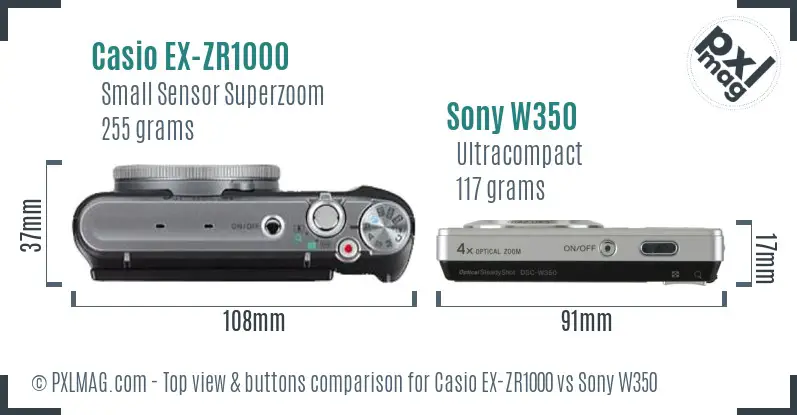 Casio EX-ZR1000 vs Sony W350 top view buttons comparison Casio EX-ZR1000 vs Sony W350 top view buttons comparison