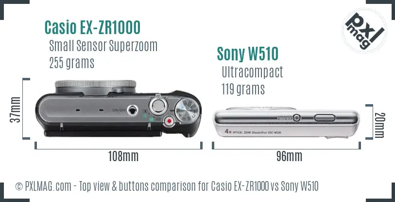 Casio EX-ZR1000 vs Sony W510 top view buttons comparison Casio EX-ZR1000 vs Sony W510 top view buttons comparison