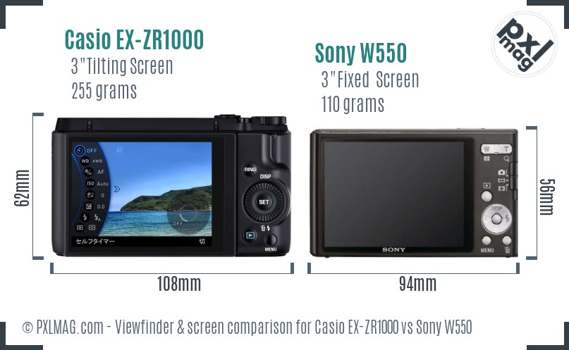 Casio EX-ZR1000 vs Sony W550 Screen and Viewfinder comparison
