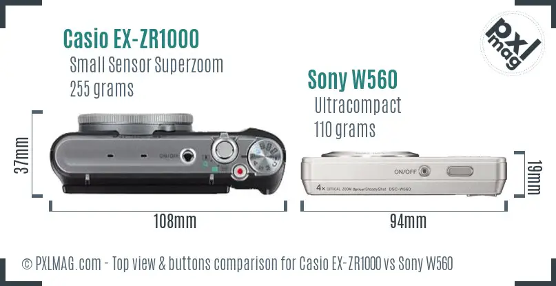 Casio EX-ZR1000 vs Sony W560 top view buttons comparison Casio EX-ZR1000 vs Sony W560 top view buttons comparison