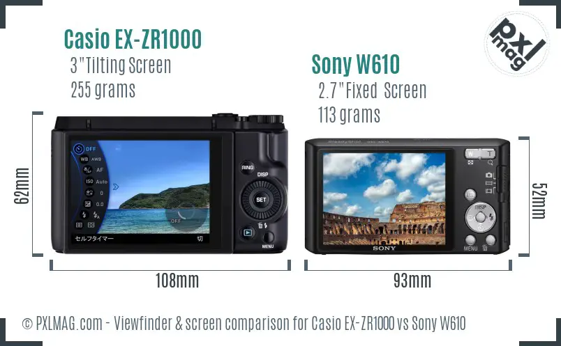 Casio EX-ZR1000 vs Sony W610 Screen and Viewfinder comparison