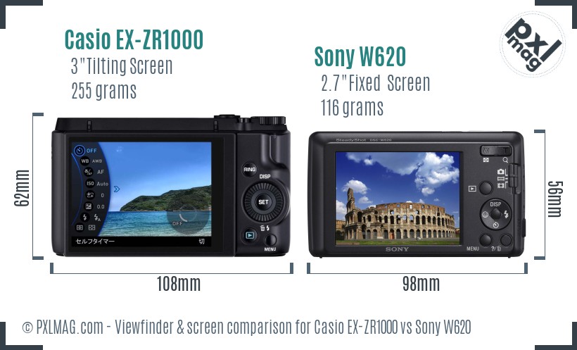 Casio EX-ZR1000 vs Sony W620 Screen and Viewfinder comparison