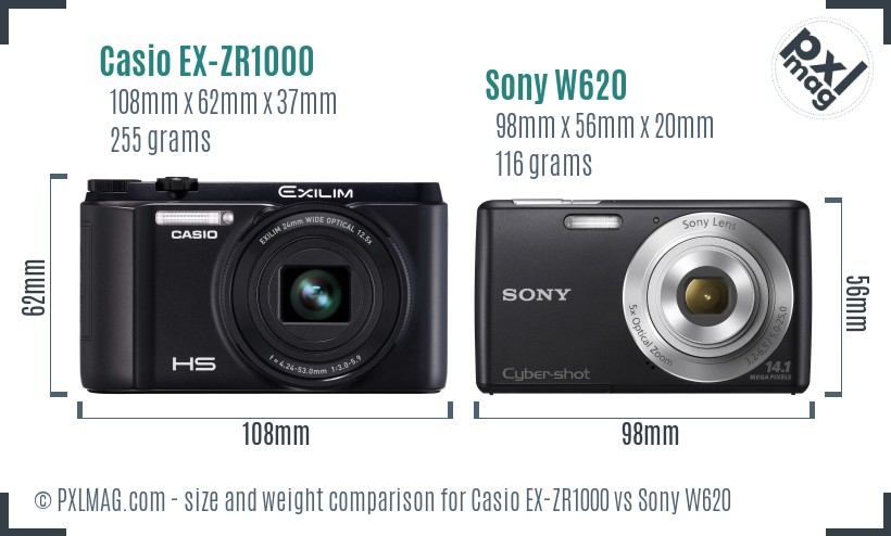 Casio EX-ZR1000 vs Sony W620 size comparison