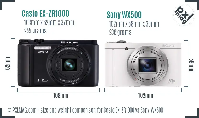 Casio EX-ZR1000 vs Sony WX500 size comparison