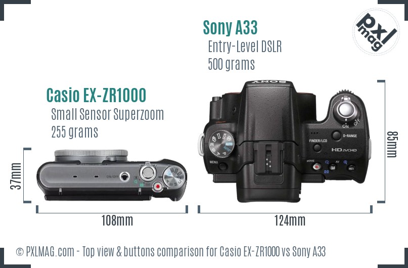 Casio EX-ZR1000 vs Sony A33 top view buttons comparison