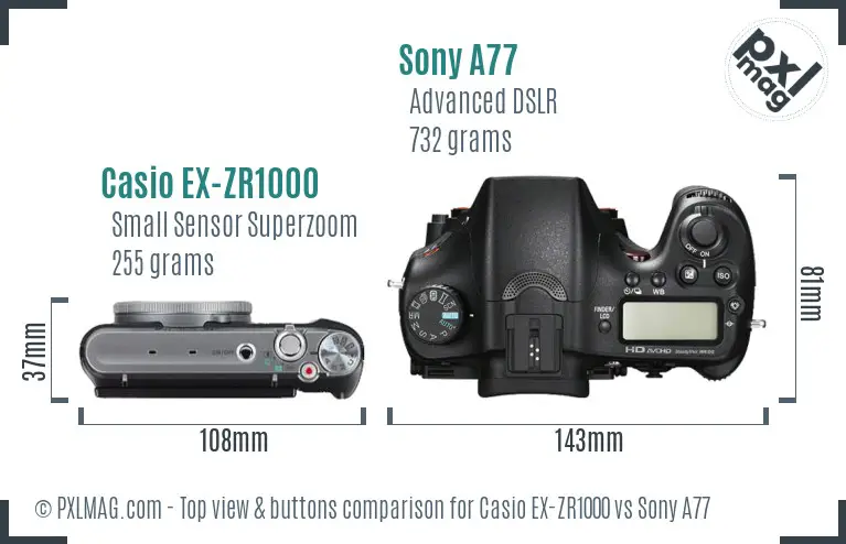 Casio EX-ZR1000 vs Sony A77 top view buttons comparison Casio EX-ZR1000 vs Sony A77 top view buttons comparison