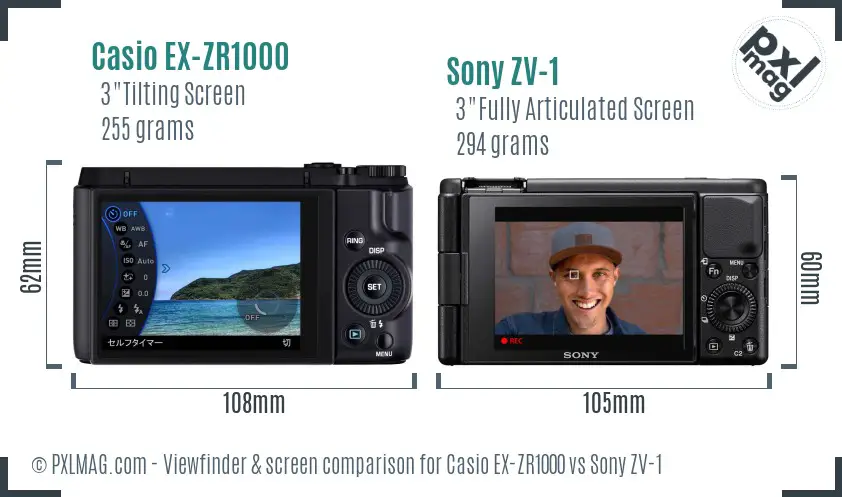 Casio EX-ZR1000 vs Sony ZV-1 Screen and Viewfinder comparison