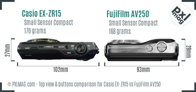 Casio EX-ZR15 vs FujiFilm AV250 top view buttons comparison