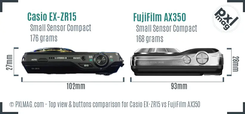 Casio EX-ZR15 vs FujiFilm AX350 top view buttons comparison Casio EX-ZR15 vs FujiFilm AX350 top view buttons comparison