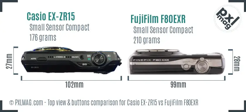 Casio EX-ZR15 vs FujiFilm F80EXR top view buttons comparison Casio EX-ZR15 vs FujiFilm F80EXR top view buttons comparison