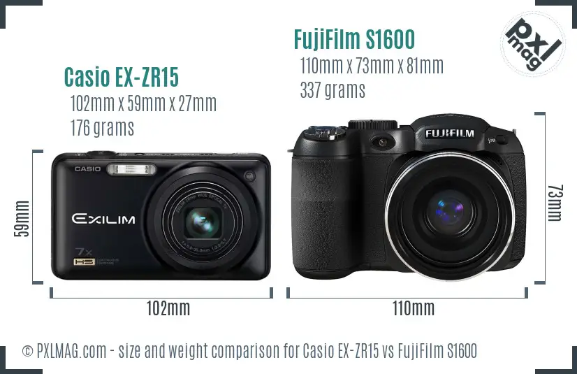 Casio EX-ZR15 vs FujiFilm S1600 size comparison