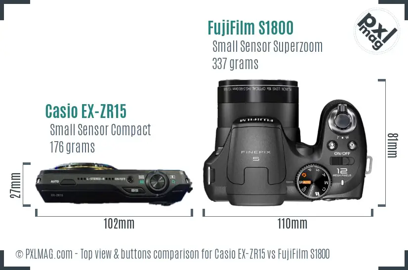 Casio EX-ZR15 vs FujiFilm S1800 top view buttons comparison Casio EX-ZR15 vs FujiFilm S1800 top view buttons comparison