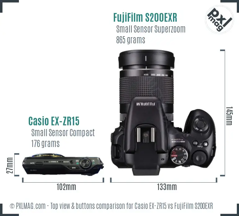Casio EX-ZR15 vs FujiFilm S200EXR top view buttons comparison