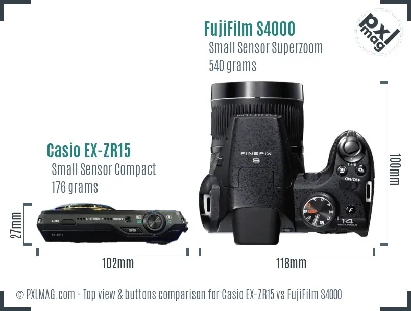 Casio EX-ZR15 vs FujiFilm S4000 top view buttons comparison