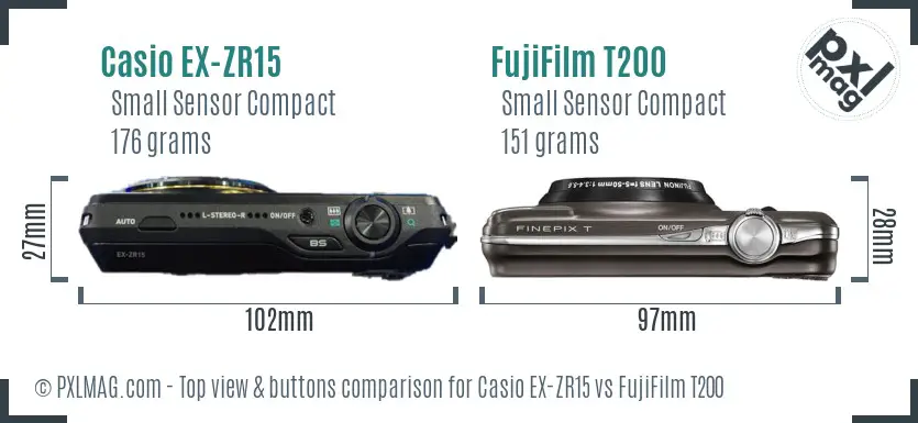 Casio EX-ZR15 vs FujiFilm T200 top view buttons comparison Casio EX-ZR15 vs FujiFilm T200 top view buttons comparison