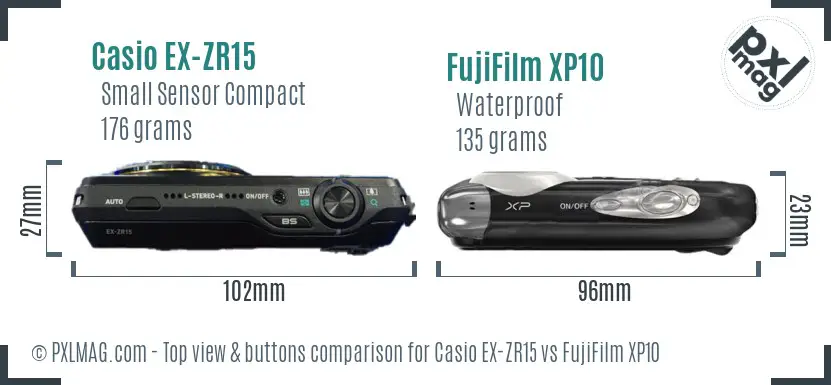 Casio EX-ZR15 vs FujiFilm XP10 top view buttons comparison Casio EX-ZR15 vs FujiFilm XP10 top view buttons comparison