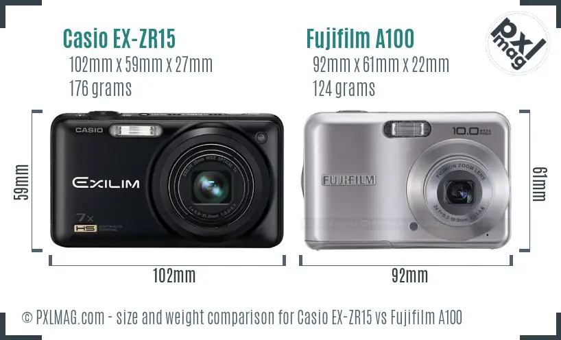 Casio EX-ZR15 vs Fujifilm A100 size comparison