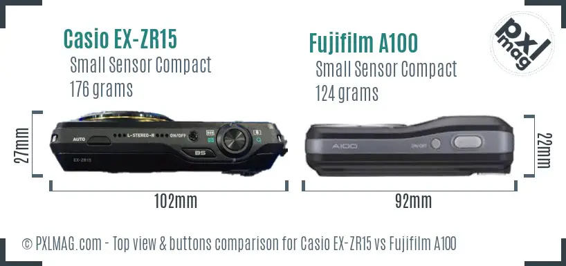 Casio EX-ZR15 vs Fujifilm A100 top view buttons comparison