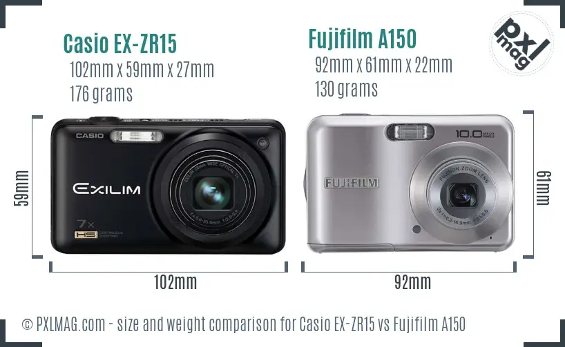 Casio EX-ZR15 vs Fujifilm A150 size comparison