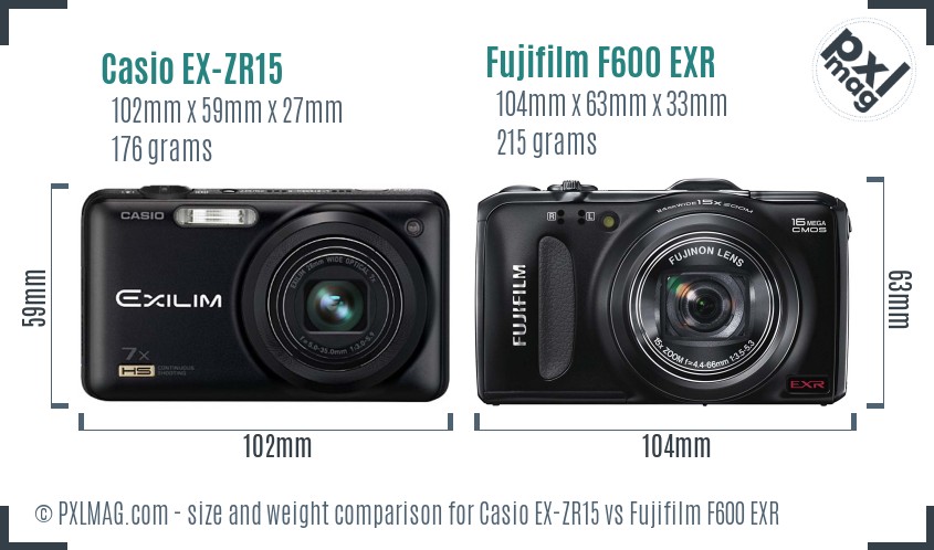 Casio EX-ZR15 vs Fujifilm F600 EXR size comparison