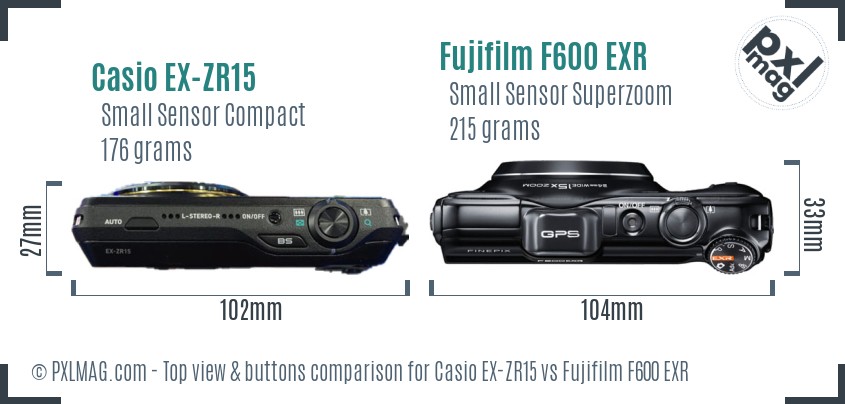 Casio EX-ZR15 vs Fujifilm F600 EXR top view buttons comparison