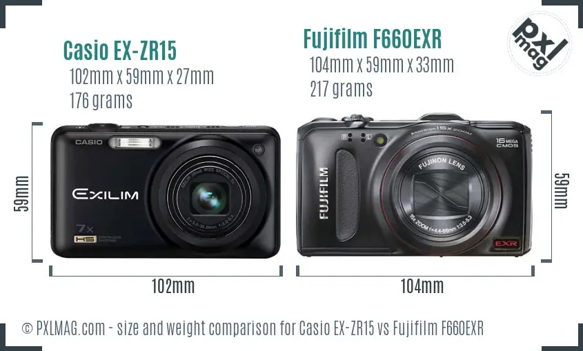 Casio EX-ZR15 vs Fujifilm F660EXR size comparison