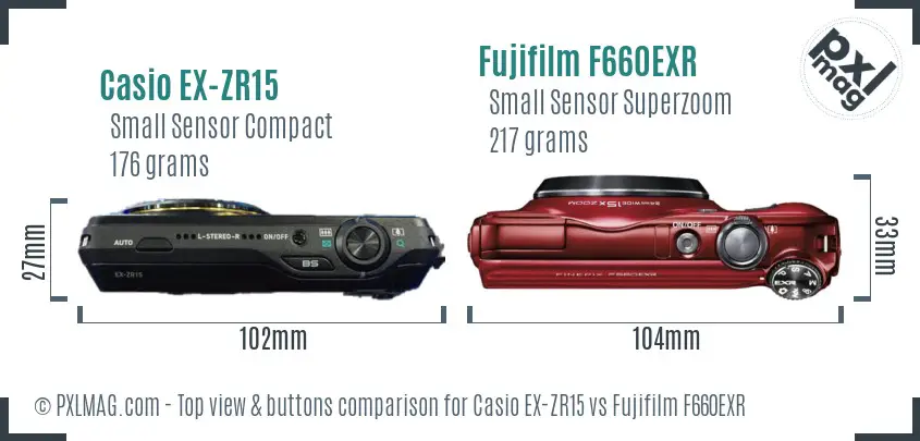 Casio EX-ZR15 vs Fujifilm F660EXR top view buttons comparison