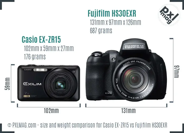 Casio EX-ZR15 vs Fujifilm HS30EXR size comparison Casio EX-ZR15 vs Fujifilm HS30EXR size comparison